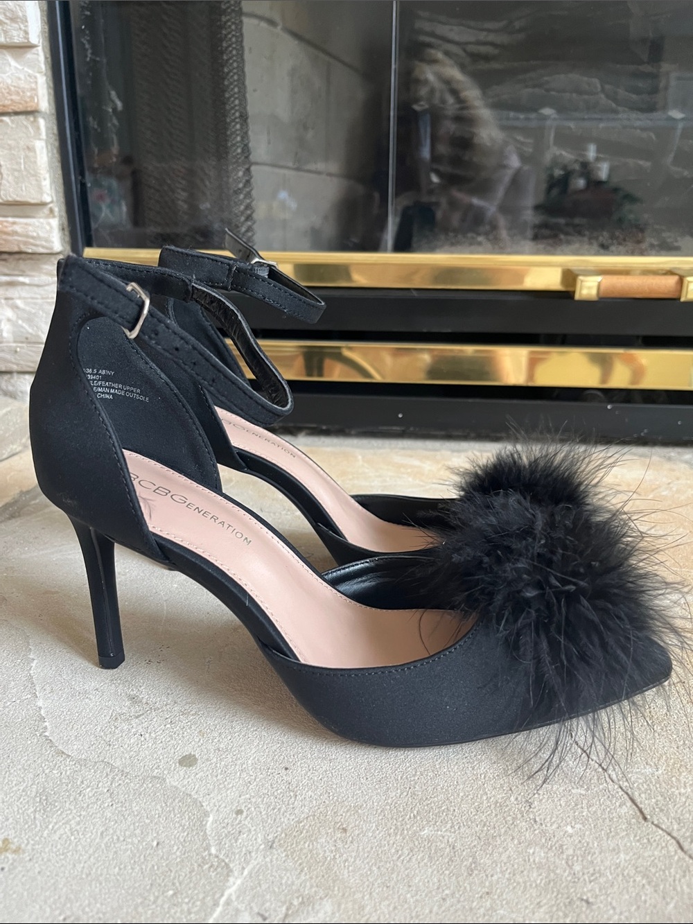 BCBGeneration Black Pointed-Toe Ankle-Strap Heels with Pom Pom - Picture 3 of 6